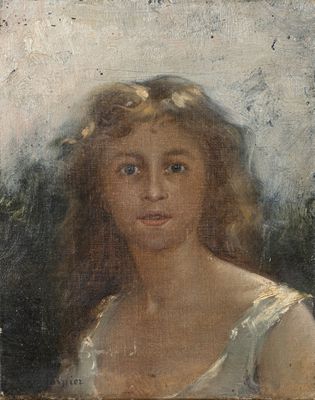 tableau représentant une jeune fille en robe blanche, avec des fleurs dans les cheveux
