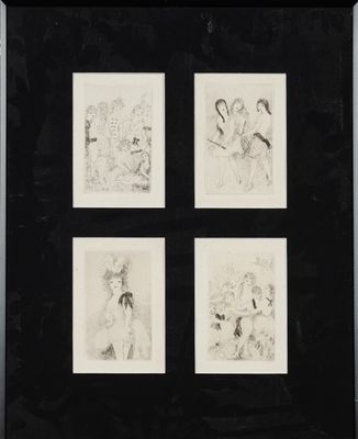 une photo en noir et blanc représentant quatre dessins encadrés représentant des personnes