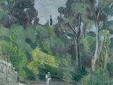 an oil painting of a person riding a horse down a dirt road