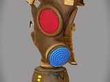 un masque à gaz marron avec un motif rouge et bleu sur le visage