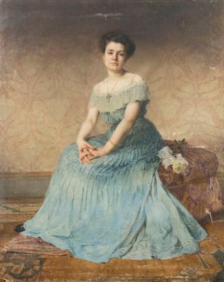 painting of a woman in a blue dress sitting on a chair