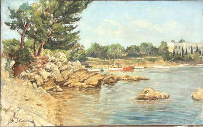 a painting of a boat on the water near rocks and trees