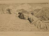 un dessin représentant un homme labourant un champ avec un cheval
