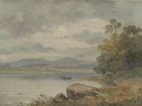 un tableau représentant un bateau sur un lac, avec une montagne en arrière-plan
