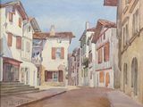 a painting of a street with buildings on both sides