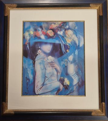tableau représentant une femme coiffée d'un chapeau bleu et ornée de fleurs sur la tête