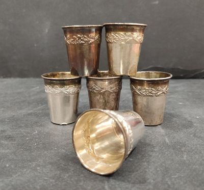 six silver cups are lined up in a row on a table