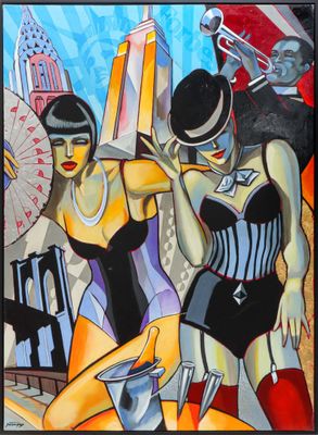 painting of two women dressed in black and blue in front of a cityscape