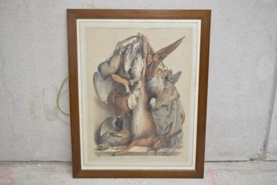 reproduction encadrée d'un tableau représentant un chien et un chat