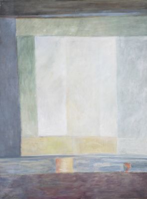 une peinture abstraite représentant une fenêtre par laquelle passe la lumière