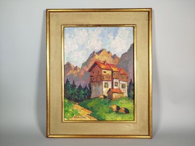painting of a house in the mountains with a cow in the foreground