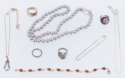 plusieurs types de colliers et de bagues posés sur un fond blanc