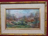 an image of a painting of a landscape in a gold frame on a red background