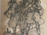 drawing of a group of people with umbrellas standing in the rain