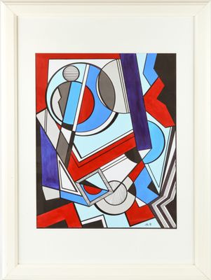 un tableau représentant une composition abstraite aux couleurs rouge, blanc et bleu