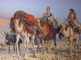 painting of a group of people riding on the backs of camels