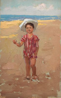 an oil painting of a little boy on the beach with a hat on