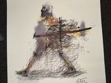 dessin représentant un joueur de baseball tenant une batte au-dessus d'une feuille de papier