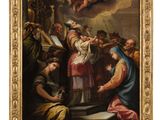 une peinture représentant une peinture d'une scène religieuse avec des anges