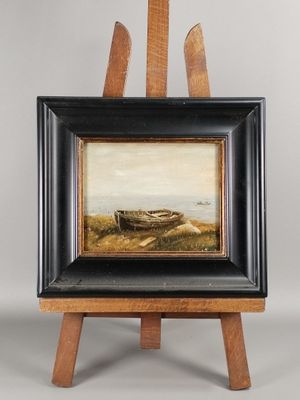 une peinture à l'huile représentant un bateau posé sur un chevalet, sur fond blanc