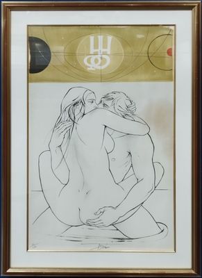 tableau représentant deux nus s'étreignant devant une horloge sur laquelle figure l'inscription « hh »