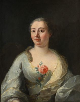 un tableau représentant une femme en robe bleue, tenant une rose à la main
