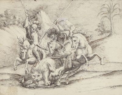 un dessin représentant un homme à cheval attaqué par un lion