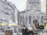 painting of people walking in the rain on a city street