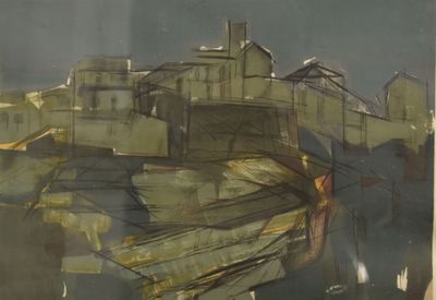 une photo d'un tableau représentant une ville en arrière-plan