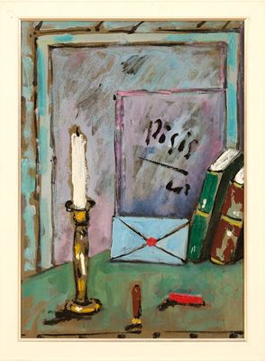 une image représentant un tableau où l'on voit une bougie et des livres posés sur une table