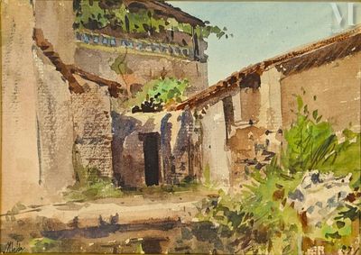 une image représentant un tableau d'un vieux bâtiment d'où un arbre pousse à travers le toit