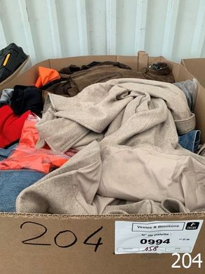 a cardboard box filled with clothes and a pair of shoes