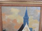a painting of a church with a steeple in the background