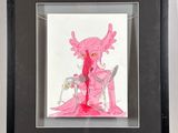 painting of a pink demon with a knife in a black frame