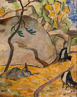 a painting of a man and a dog in a field