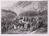 an old black and white drawing of a group of people on horses