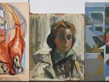 three paintings of a woman and a horse are on a shelf