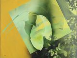 a picture of a painting of a leaf on a yellow background
