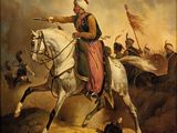 an image of a painting of a man riding on the back of a white horse