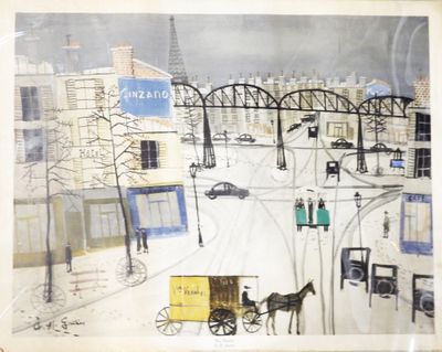a painting of a horse drawn carriage on a snowy street