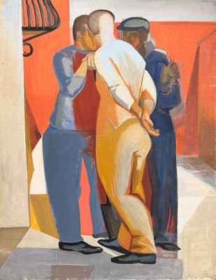 tableau représentant deux hommes et une femme debout devant un mur rouge