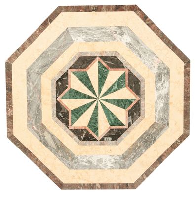 une image représentant un plateau de table circulaire en marbre orné d'un motif vert et blanc