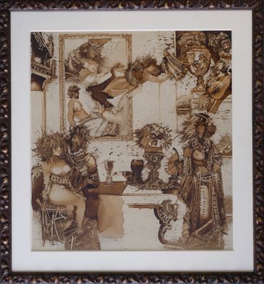 painting of a woman and two men in elaborate costumes sitting at a table in front of a mirror
