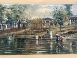 a painting of a village scene with people in the water