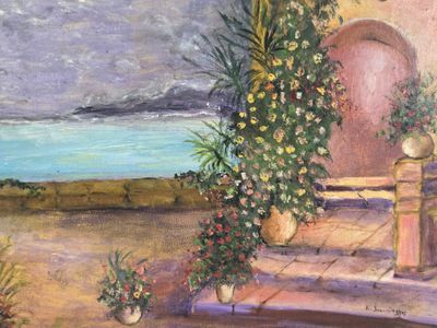 a painting of a view of the ocean from a porch