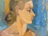 an oil painting of a woman ' s face in profile with a blue background