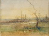 une image représentant un tableau de paysage avec un arbre au premier plan et un plan d'eau au loin