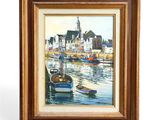 painting of a harbor scene with boats in the water and a church in the background