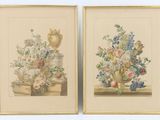 two paintings of vases with flowers and fruit on a table
