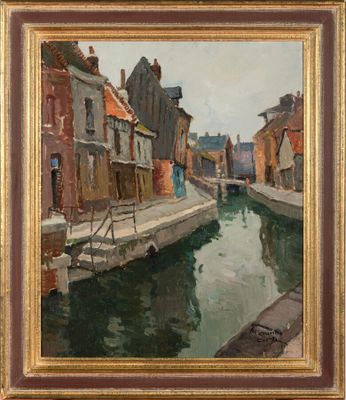 an image of a painting of a canal in a city
